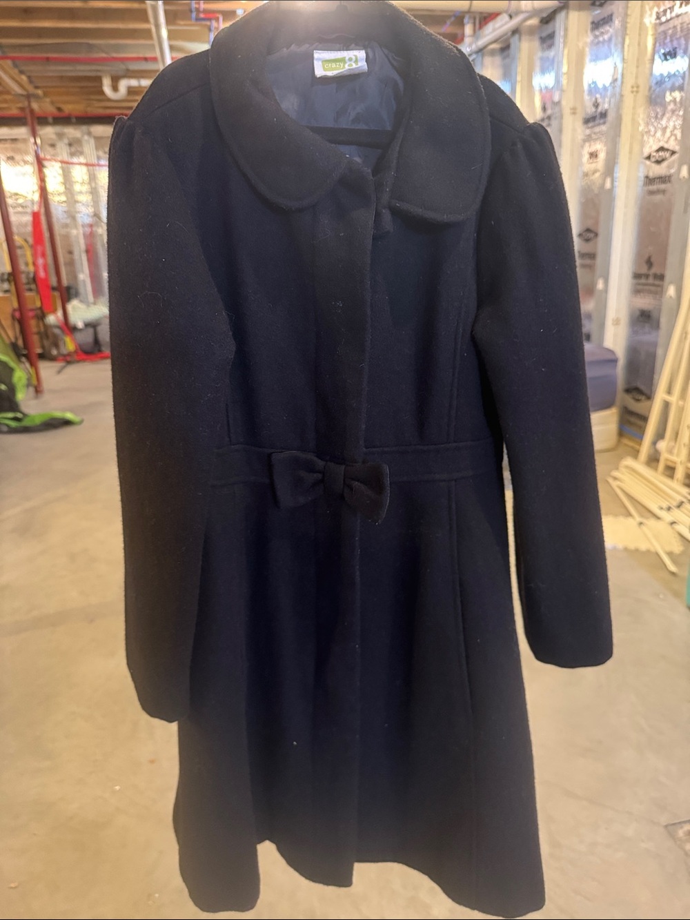 Classic Kid's Black Wool Blend Pea Coat with Bow Waist